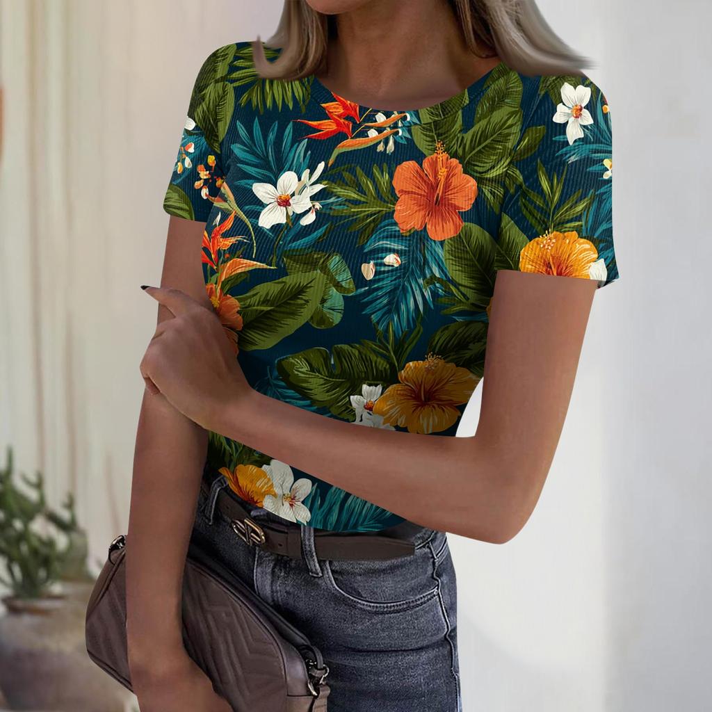 Women's Casual Fashion Round Neck Hawaiian Print Short Sleeve Ribbed Top