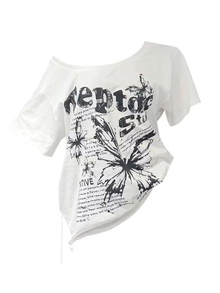 T-shirt Bianca Y2k Vintage Oversize Scollo a Barca Manica Corta Con Stampa Donna Casual Grafica Top Estivo Farfalla T-shirt
