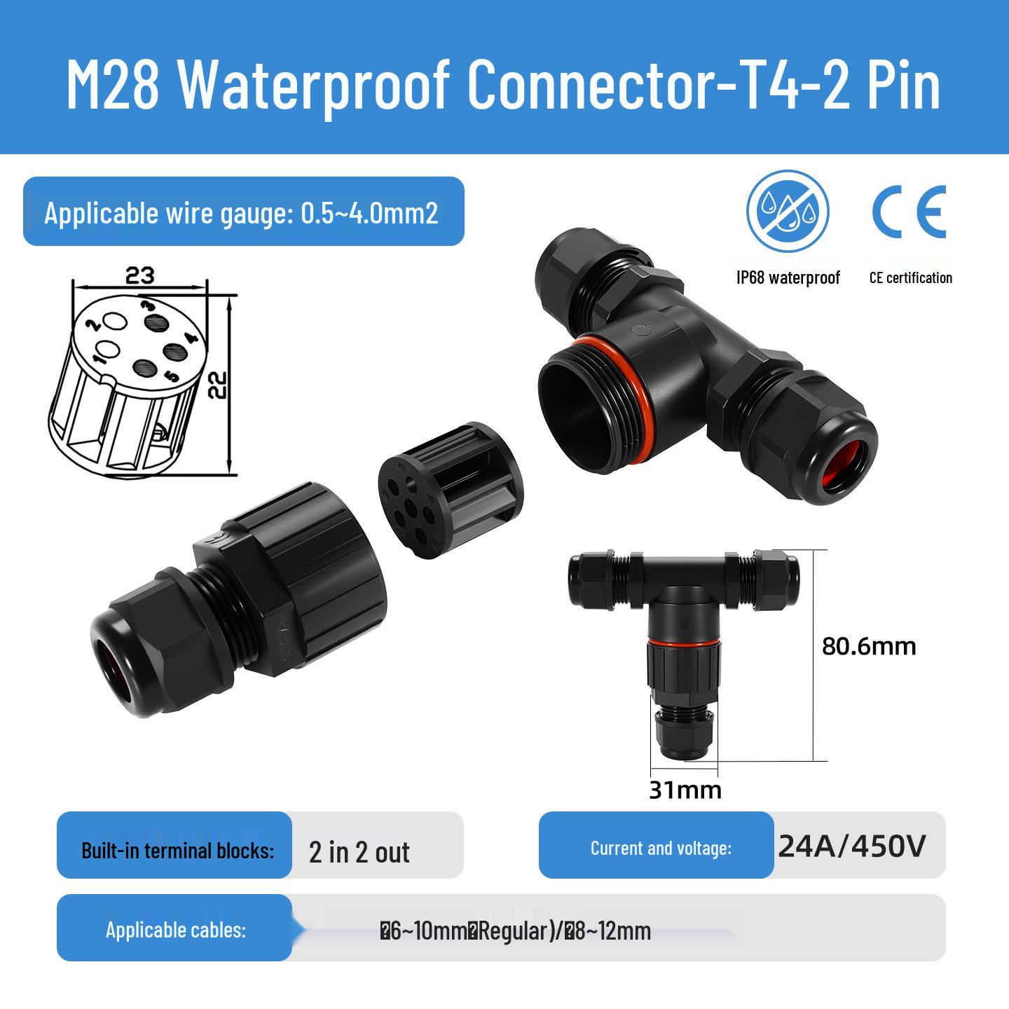 

Outdoor IP68 Waterproof 4-Way Connector: T & Y-Type Quick Wiring Terminal, Solderless Aviation Plug