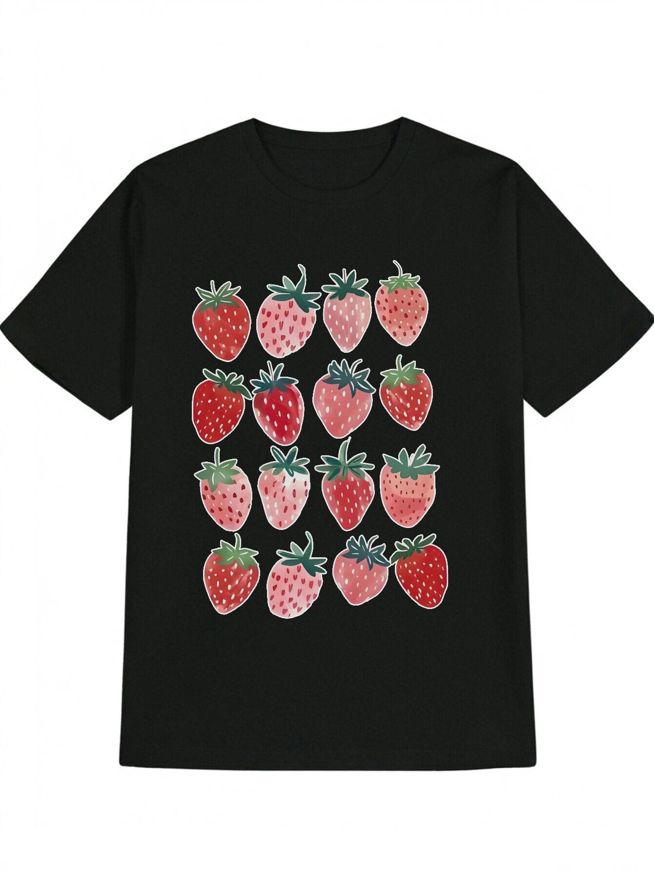 Casual Crew Neck T-shirt with Strawberry & Green Leaf Print XXXL