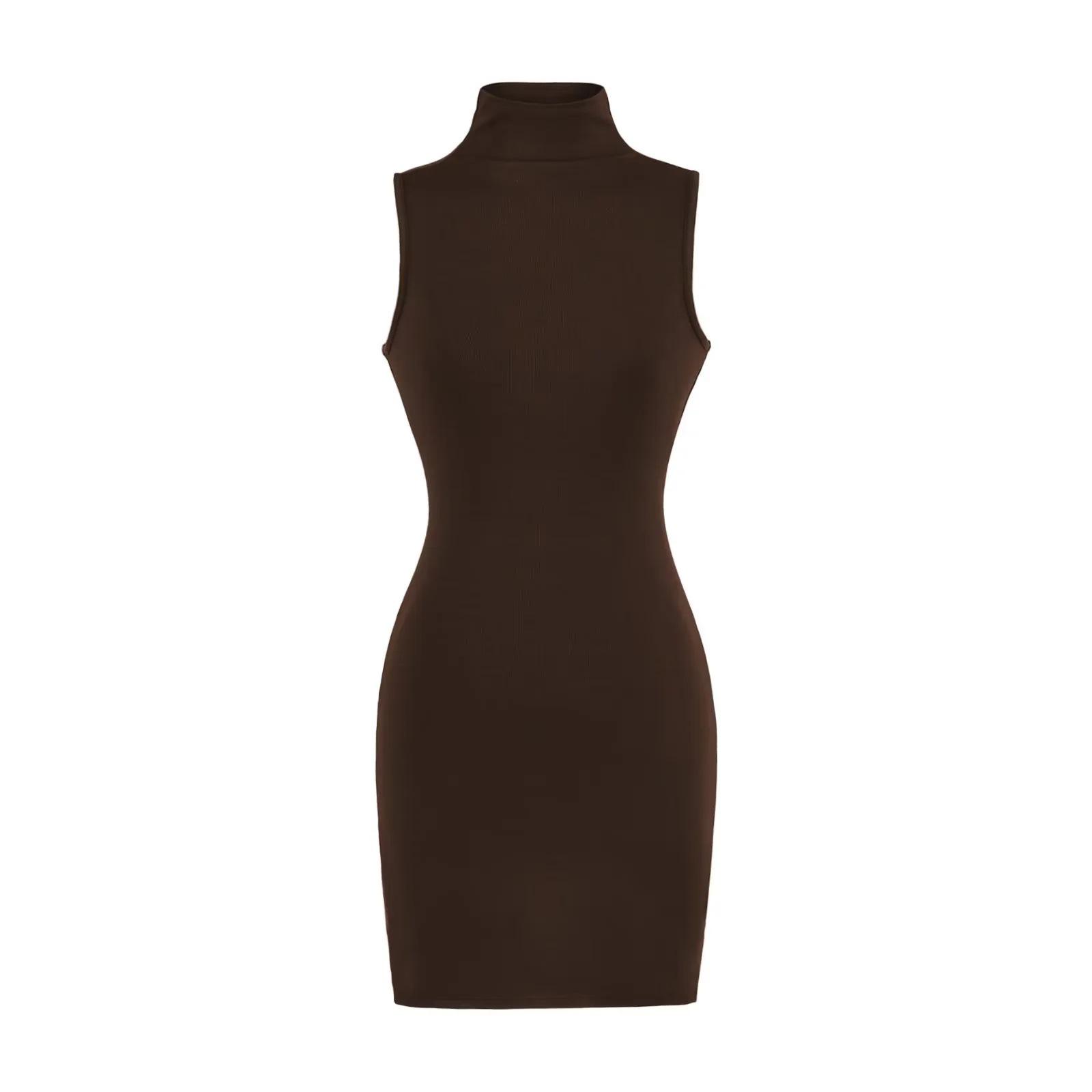 

American Spicy Girl High Neck Sleeveless Bodycon Tank Dress - Women s Summer Basic High Waist Short Skirt Medium