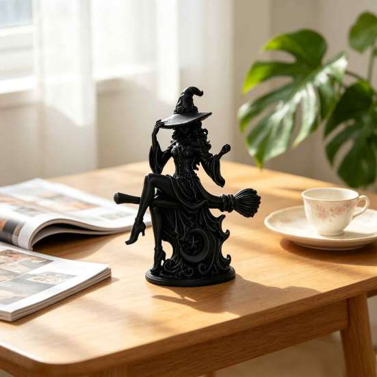 Small Fantasy Witch Figurine Gothic On Broom Statue, 3D Printed Spooky Tabletop for Decoration Home Party, Black Halloween Desk Decor with Pointy Hat,