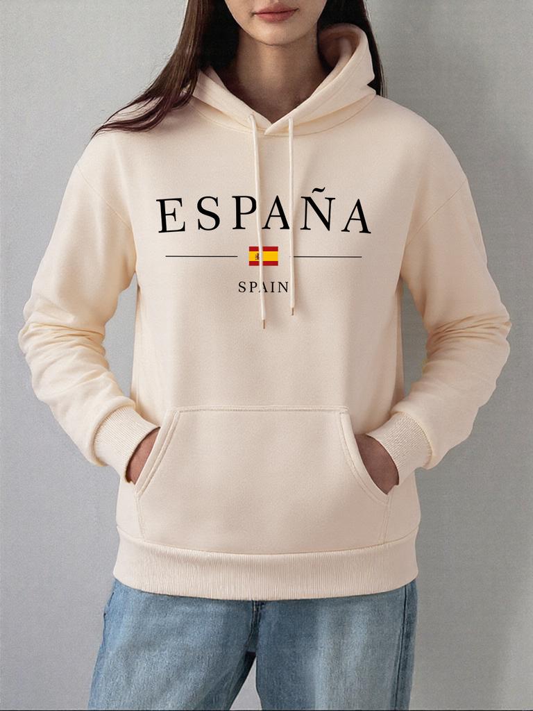 España Spain Flag Printing Hoodies Women Winter Fleece Warm Sweatshirt Basics Pocket Pullover Comfortable Loose Womans Clothes