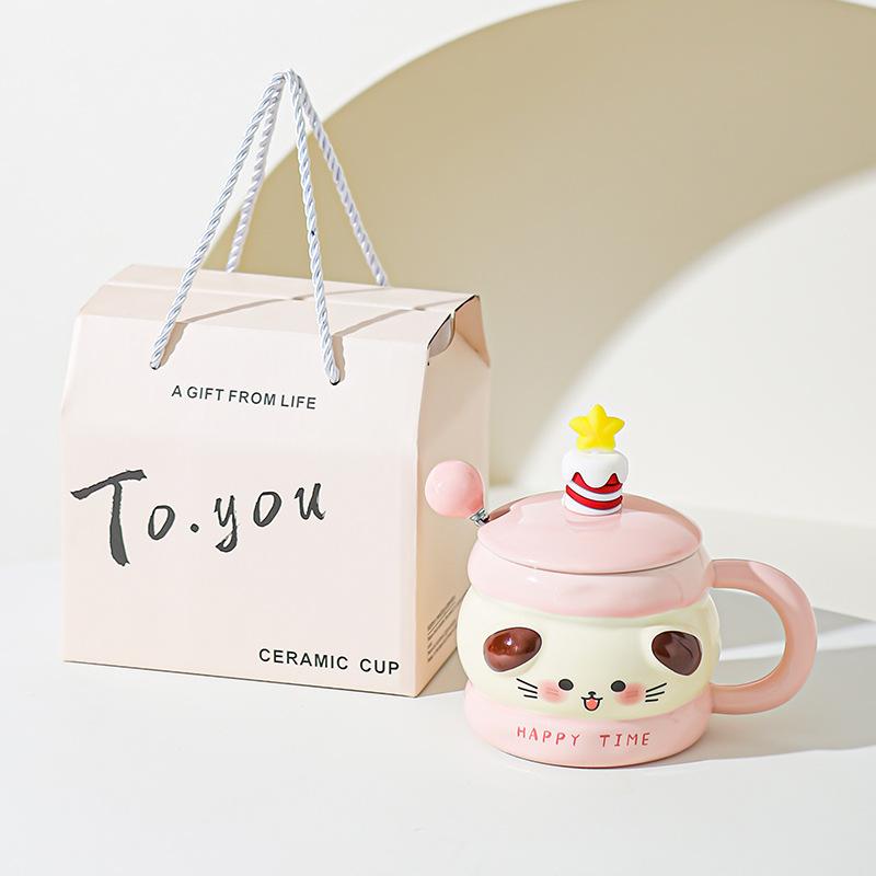 Cute Ceramic Water Cup Birthday Gift for Girls Super Cute and Beautiful Couple Mug with Lid Spoon Cup Souvenir