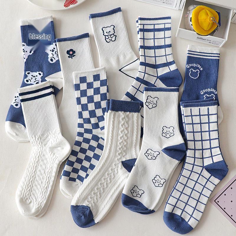 Blue Women's Mid-Calf Socks with Cute Cartoon Bear Design - Korean Style, Trendy for All Seasons
