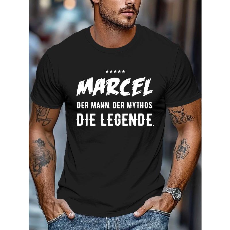 

Men S Black T-Shirt with MARCEL DER MANN, DER MYTHOS, DIE LEGENDE Graphic - Casual Summer Tee, Regular Fit, Crew Neck, Stretch Fabric 4XL чорний