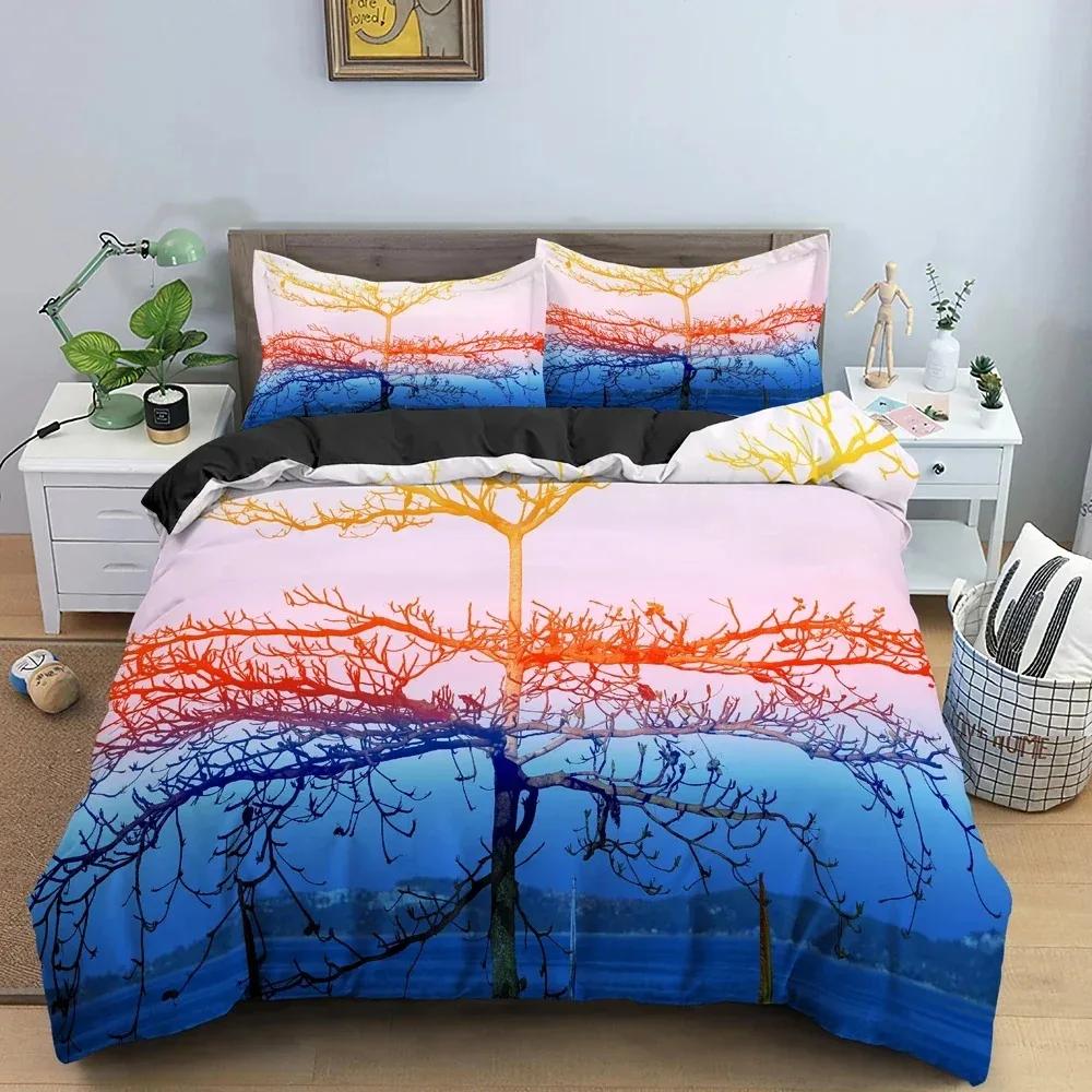 Top 3D Landscape Duvet Cover Bedroom Decor Luxury Bedding Set Tree Silhouette Against Sunset Sky Quilt Cover King Twin Single