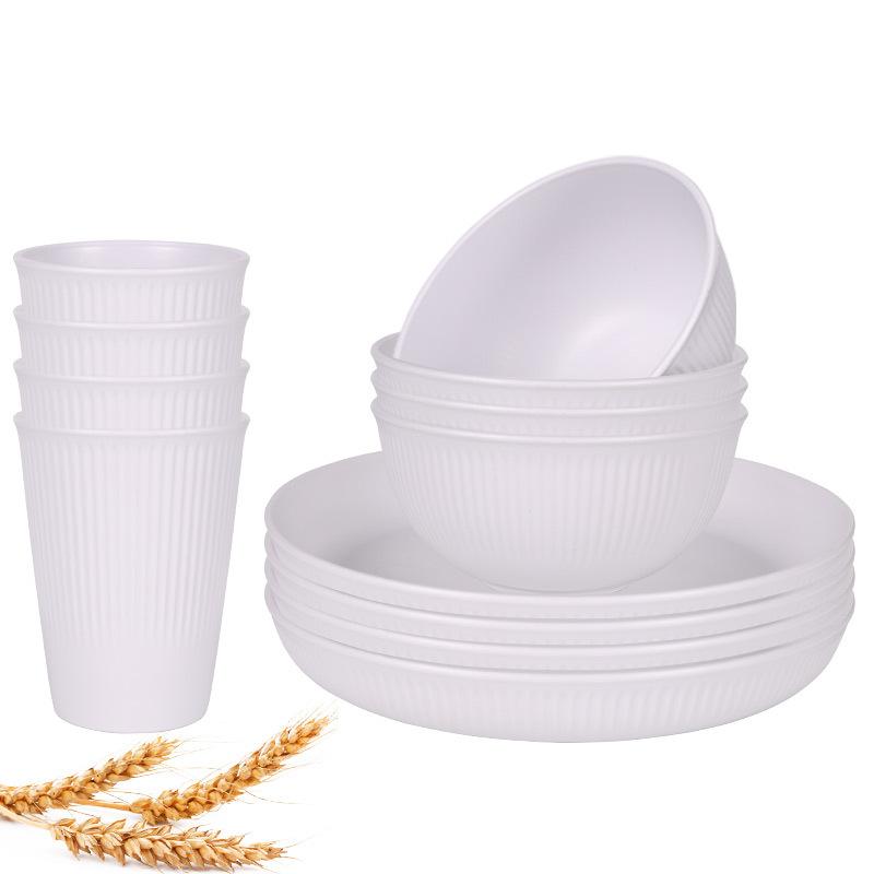 12 ks Sada nádobí ze pšeničné slámy Nerozbitná sada talířů a misek Opakovaně použitelné sady nádobí Vhodné do myčky a mikrovlnné trouby