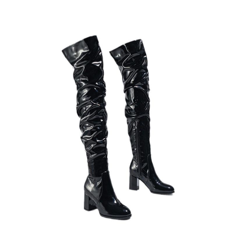 Long boots Autumn high boots Round head pleated thick heel Black knee stacking boots