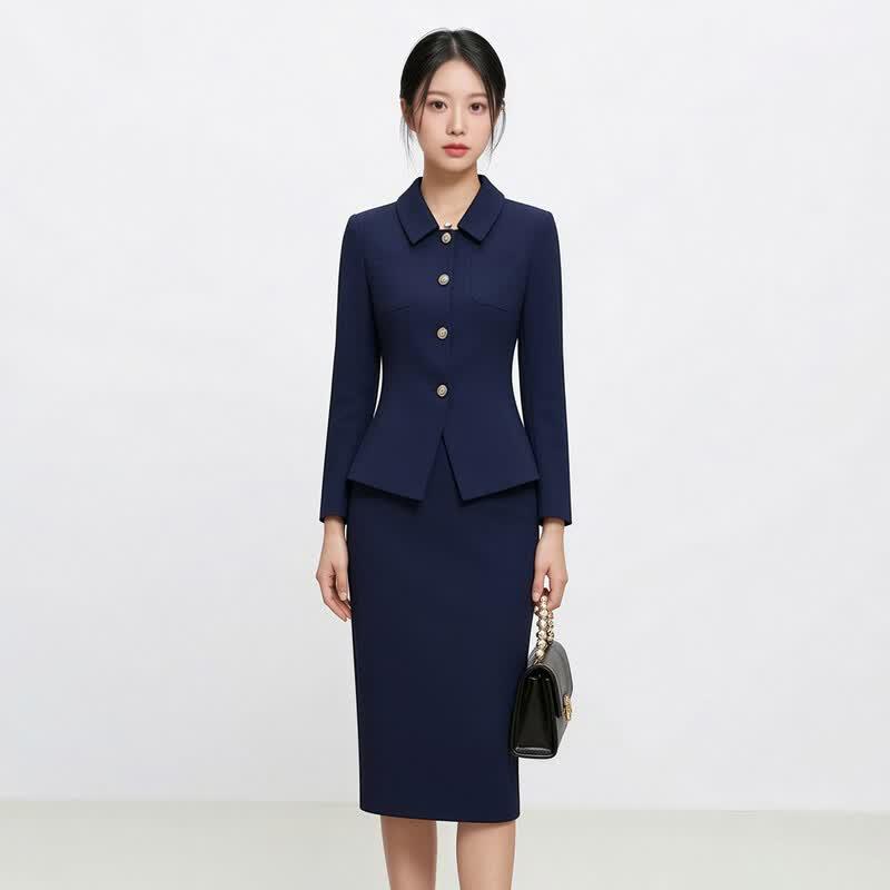 Women's Navy Polo Collar Blazer Suit Set