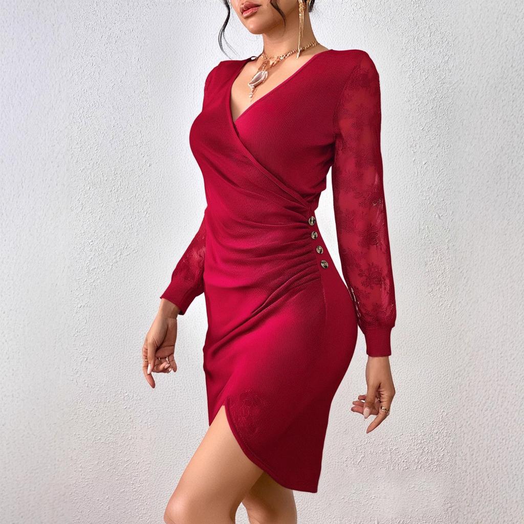Damen V-Ausschnitt Langarm Spitze Patchwork Bodycon Hohe Taille Elegant Wickel Mini Kleid