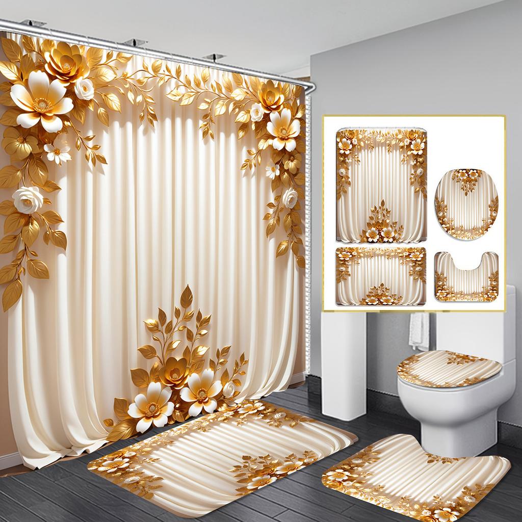 Christmas Shower Curtain Four-Piece Non-Punching Partition Curtain Digital Printing Bathroom Decoration Curtain