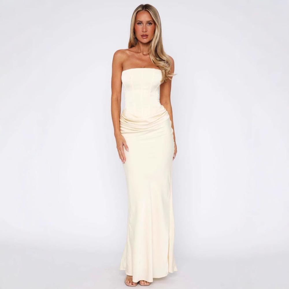 Women's Strapless Midi Dress Slim Fit Elastic Waist Sexy Satin Corset Bodycon Dress Solid Ruched Wedding Guest Evening Gown