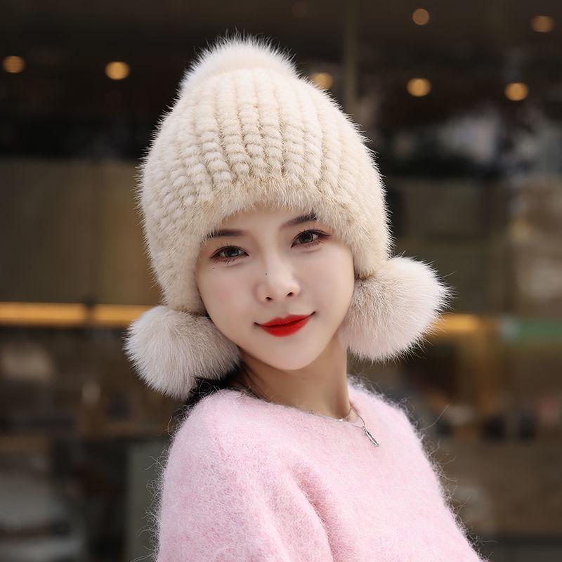 Yutong Women's Winter Mink Hat with Fox Pom and Ear Protection