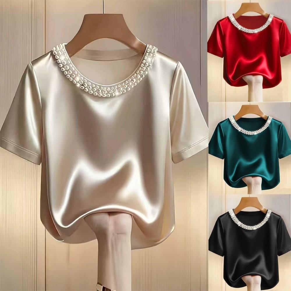 French Style Satin Silk T-Shirt Loose Short Sleeve Top Business Casual Women's Tops  Ladies