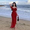 French Retro Red Spaghetti Strap Ruffle Dress - Women's Summer Beach Vacation Elegance