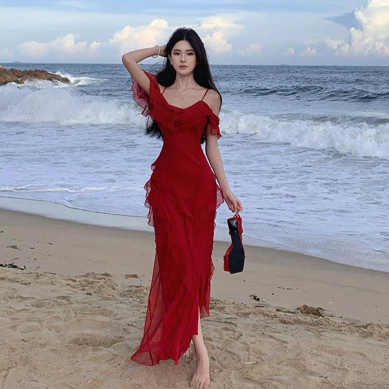 French Retro Red Spaghetti Strap Ruffle Dress - Women s Summer Beach Vacation Elegance Small