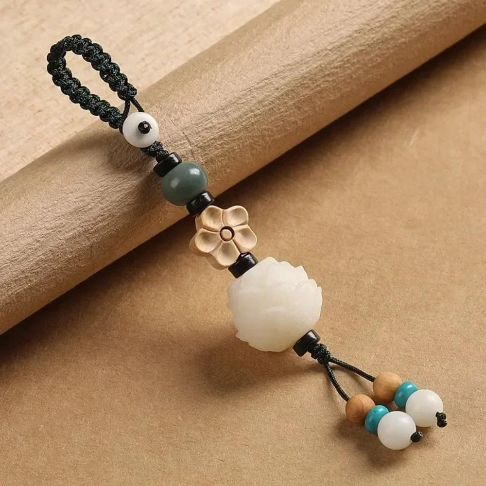 Buddhism Lotusblomma Nyckelring Tillbehör Trä Buddha Lyckobringande Pärlor Nyckelring Jadepärla Telefonamulett Väskspänne Kinesisk Charm