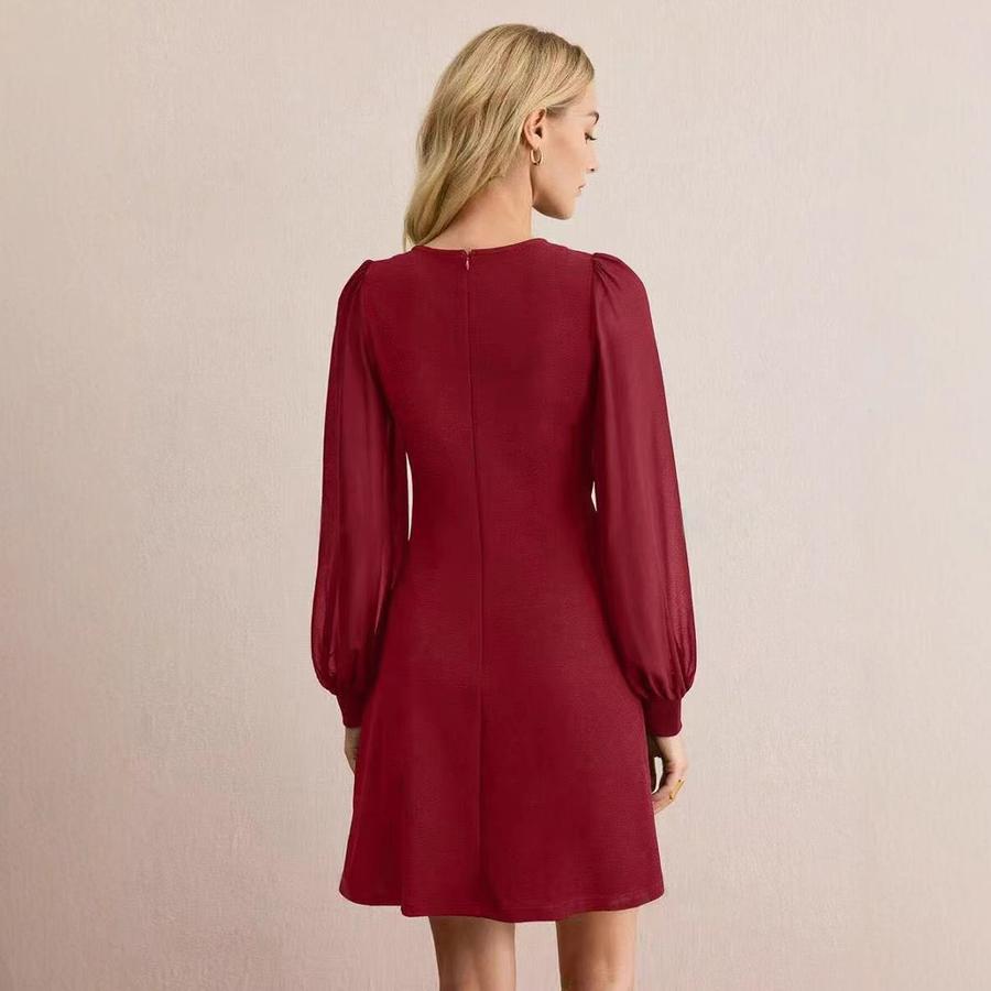 Women's Spring Round Neck Snap Button Slim Fit Long Sleeve Solid Color Dress