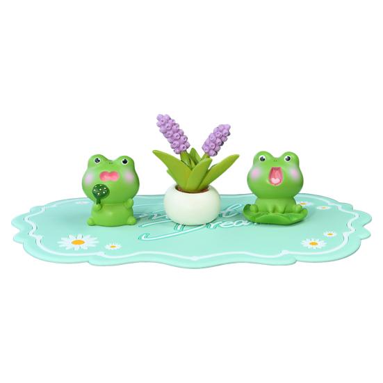3Pcs Frog Figure with Pad Resin Frog Car Ornament Mini Green Plant Bonsai Pot Home Office Decor Car Interior Accessory
