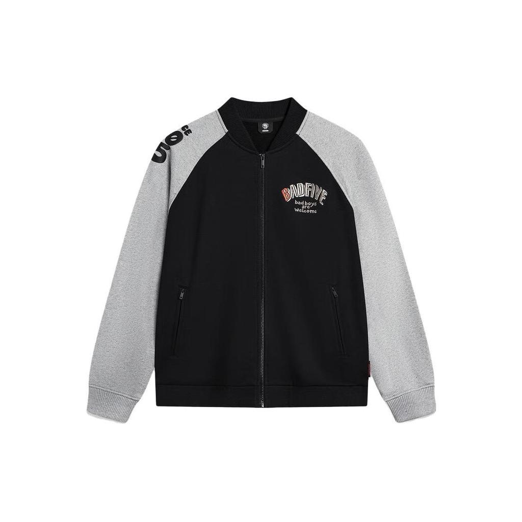 Li Ning Badfive American Retro Color Block Embroidered Cardigan Knit Sports Baseball Jacket Men jackets Black Gray AJDT625-3