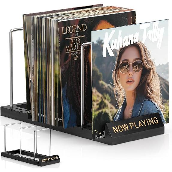 Facmogu 50 LPs Vinyl Record Storage Holder, Adjustable Vinyl Record Storage Stand with Built-in Now Playing Display, Wooden Vinyl Record Holder Rack