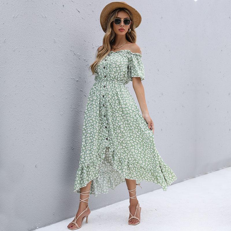 Strandurlaubskleid Sommer Europäische und amerikanische Damenbekleidung kurzärmlig One-Shoulder unregelmäßig bedrucktes Kleid
