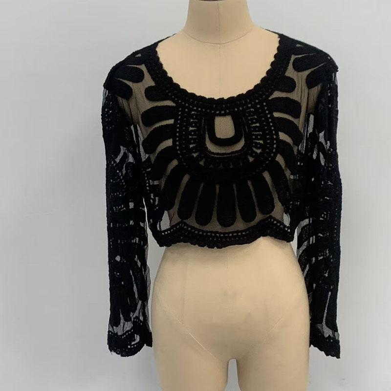 Women's Summer Long Sleeve Lace Mesh Sunflower Embroidered Pullover Swimsuit Cover Up Beach Vacation Outerwear Sun Protection Top
