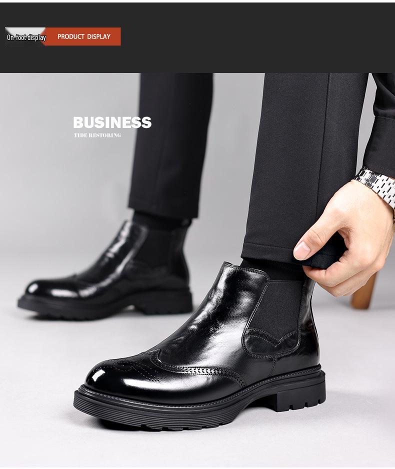 Men's Genuine Leather Chelsea Boots, Versatile Velvet-Lined Mid-Calf, Breathable, Trendy Snow & Martin Boots