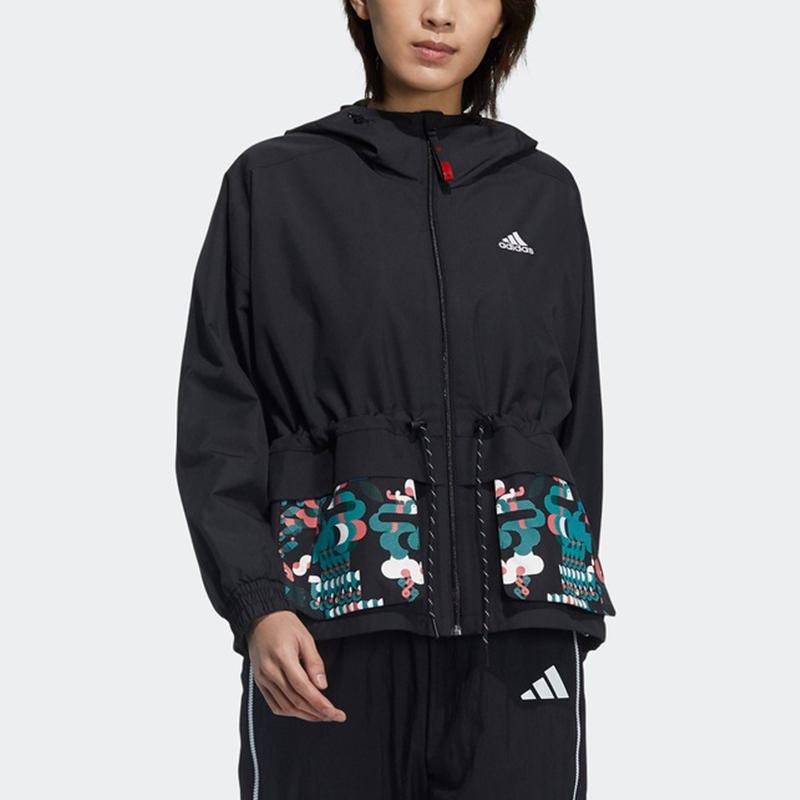 Adidas Cny Series Jacket Sports Training Printed Woven Hooded Jacket Women Jackets Black GP0624