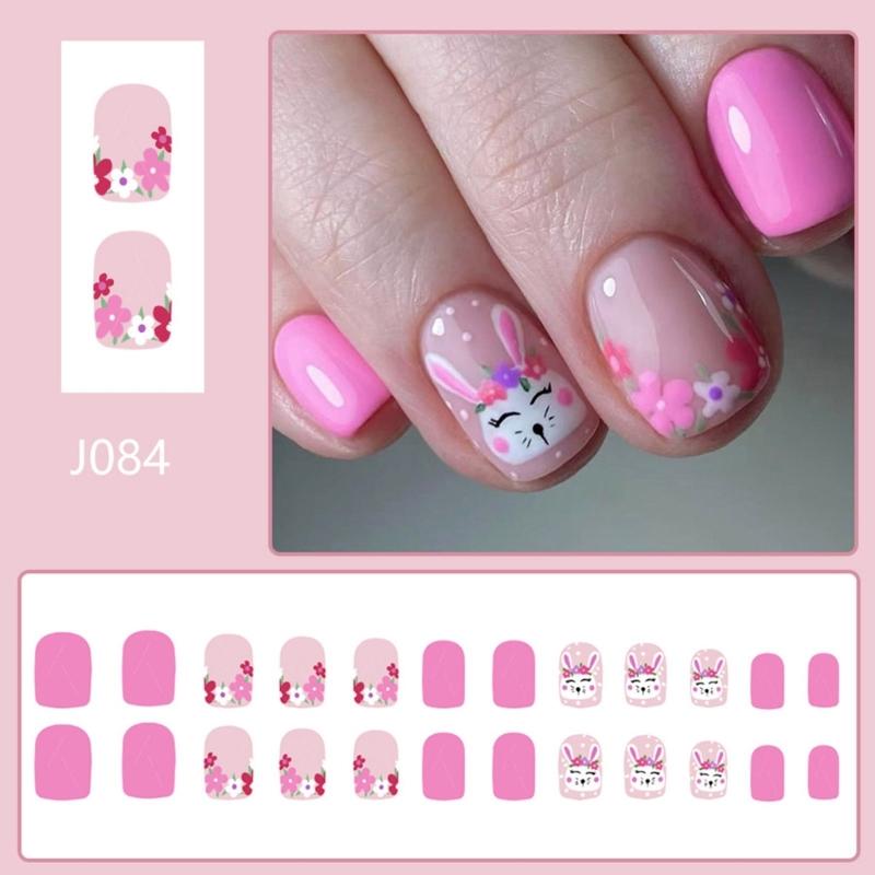 24 Stück Oster-Themen Kurze Quadratische Falsche Nägel mit Hasen- und Blumenmustern Vollständige Abdeckung Glänzende Acryl-Klebenägel