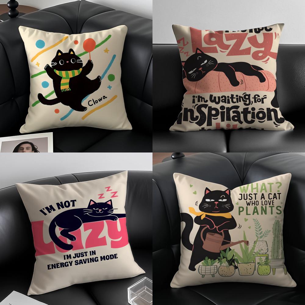 A Cool and Cute Black Cat Cushion Cover Pillow Case Antidustmite Invisible Zipper Silky Plush Cushion