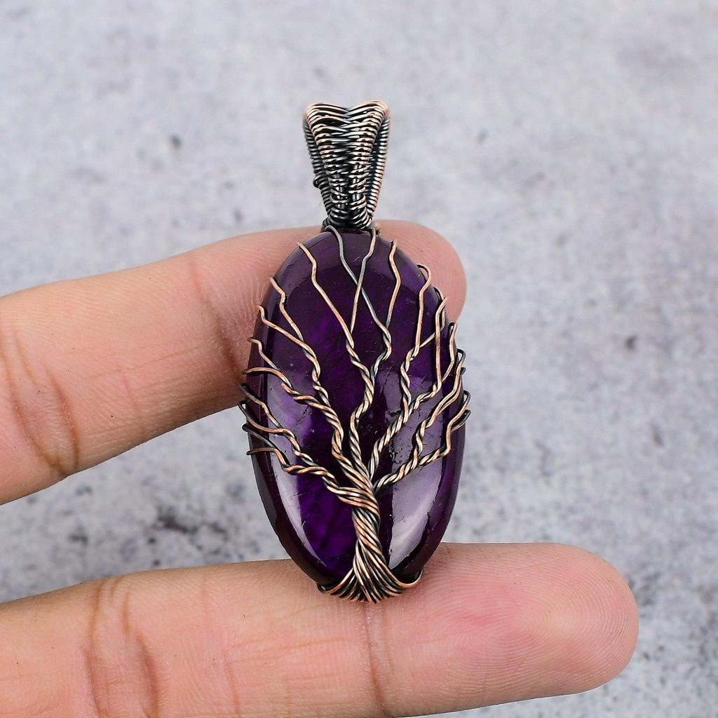 Tree Of Life Pink Flash Labradorite Pendant, 999 Copper Wire Wrapped Gemstone Jewelry, Handmade Pendant For Mother Day