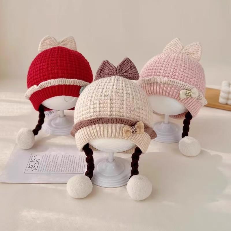 Baby Knit Hat Girls With Bow Braids Cartoon Design Soft Warm Beanie Infants 0-2 Years