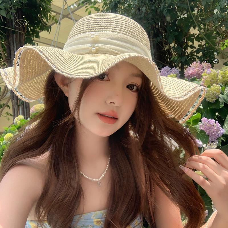 Lace pearl wavy edge bow straw hat women's summer sunshade seaside vacation big brim sun hat