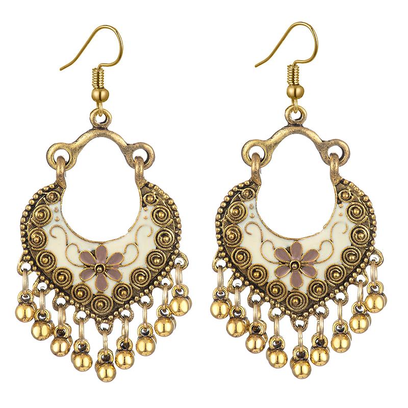 Boho Ethnic Vintage Drop Tassel Dangle Earrings For Women Carved Flower Enamel Geometric Antique Gold Color Female Zircon Gift