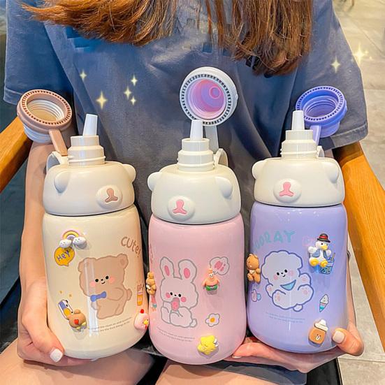 

1130 мл бутылка для воды с рисунком медведя из мультфильма, защита от протечек, нержавеющая сталь 304, унисекс, детская чашка для воды для занятий спортом розовый