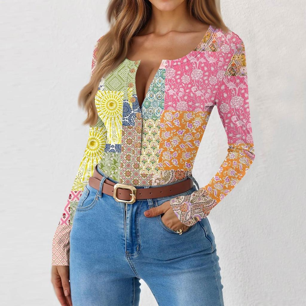 Women's Slim Bottom T-shirt Fashion Casual Gradient Printing Round Neck Pullover Long Sleeve Top