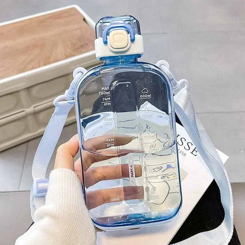 Garrafa de água transparente quadrada plana cantina de viagem portátil com alça ajustável garrafa fina elegante para acampamento esportivo