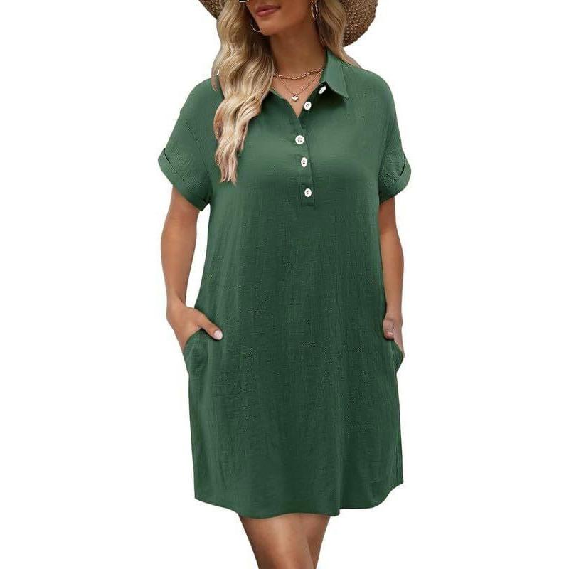 

Женская мода лето весна однотонный принт короткий рукав воротник поло свободная талия повседневные платья S зелёный