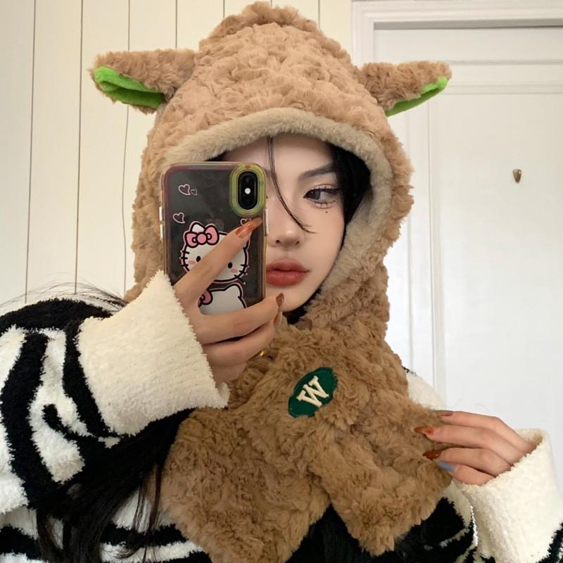 Lamb Design Cute Plush Hat And Scarf For Women Warm Winter Accessory
