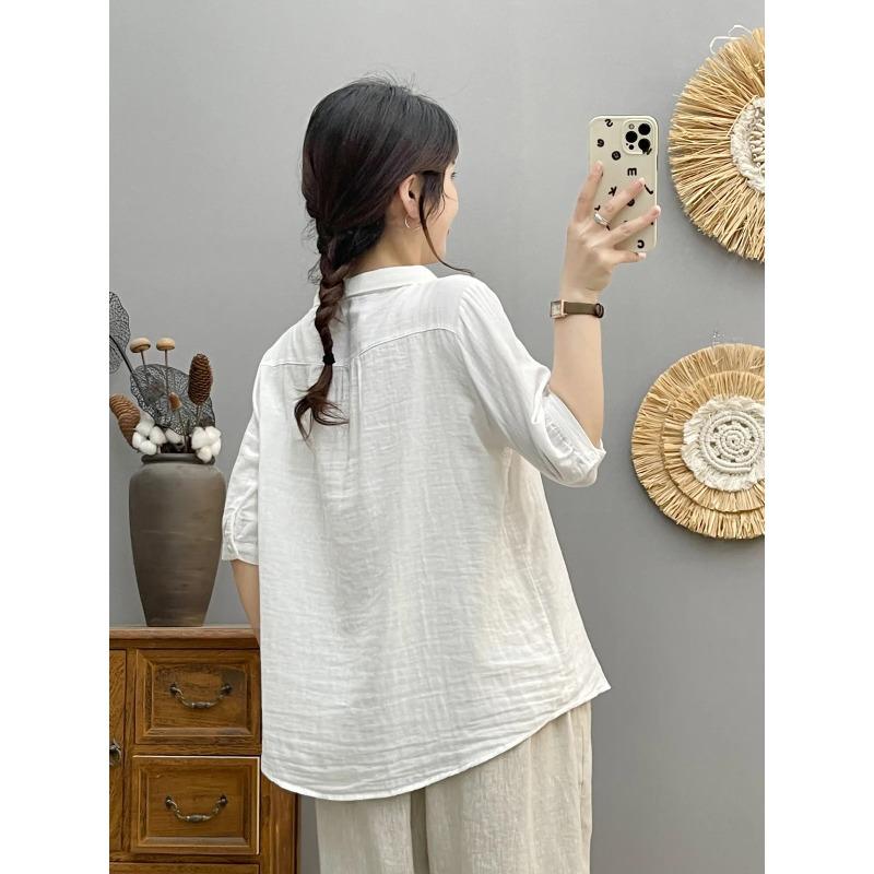 Summer Yarn Half Sleeve Shirts Lapel Embroidery Commute Girl Casual Sweet Loose OL Blouse Autumn