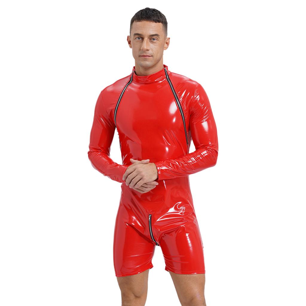 Mens Long Sleeve Wet Look Jumpsuit Zipper Crotch Patent Leather Bodysuit Club Dance Performance Costume