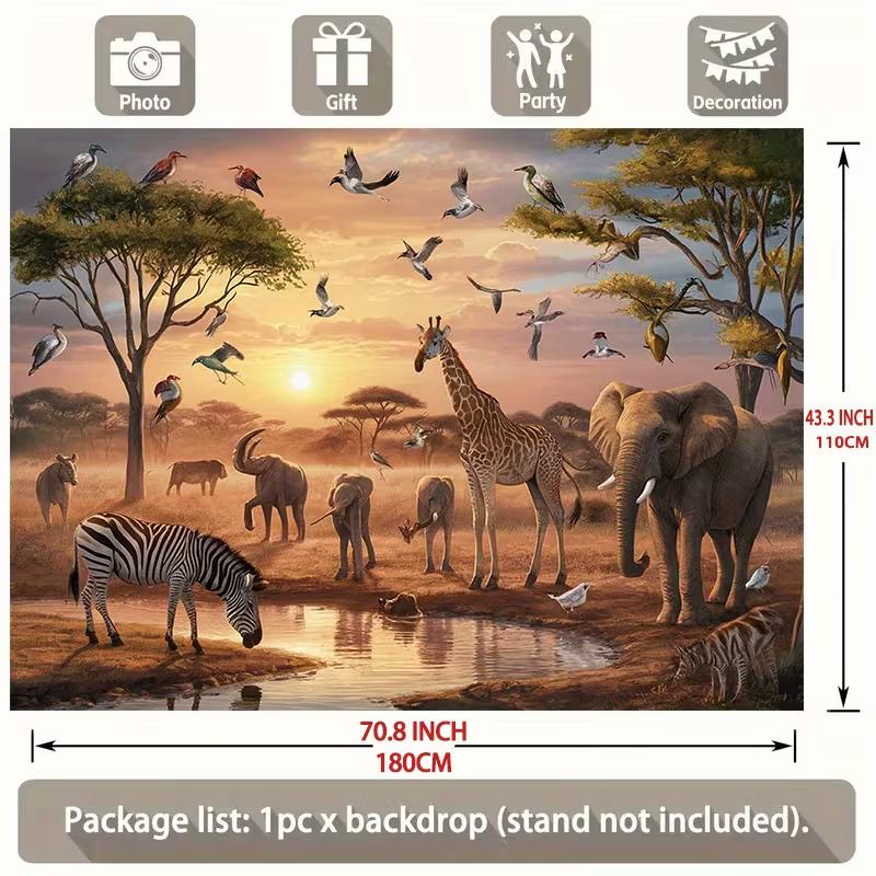 Realistic Savanna Party Backdrop African Animals and Acacia Trees Background Banner