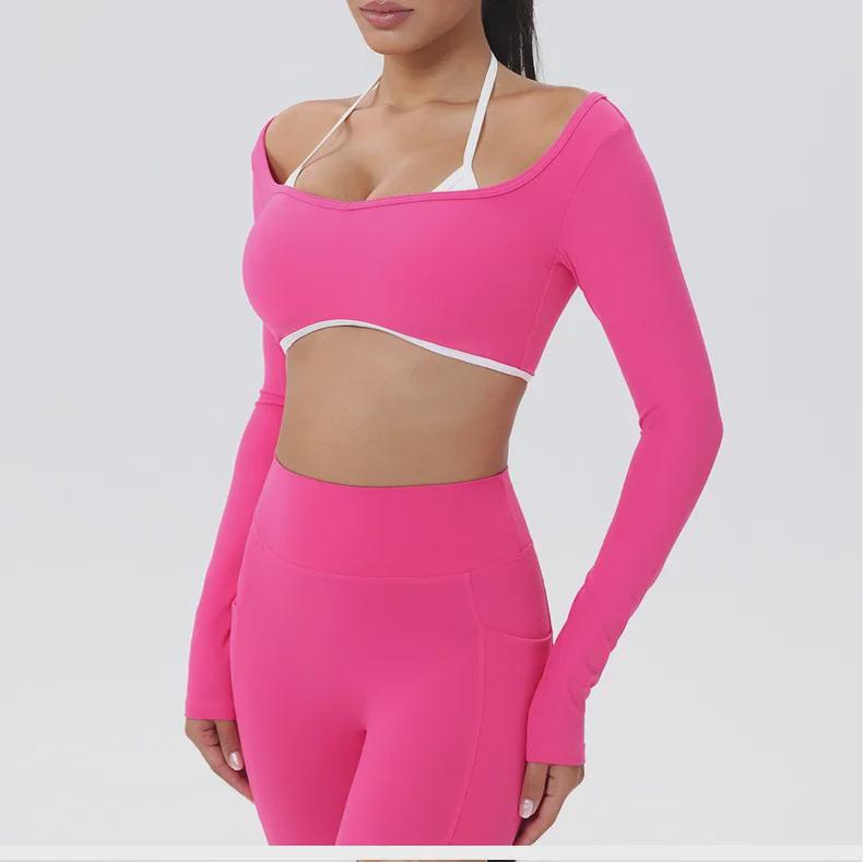 European-American Contrast Long-Sleeve Quick-Dry Yoga Top with Beautiful Back and Built-in Bra