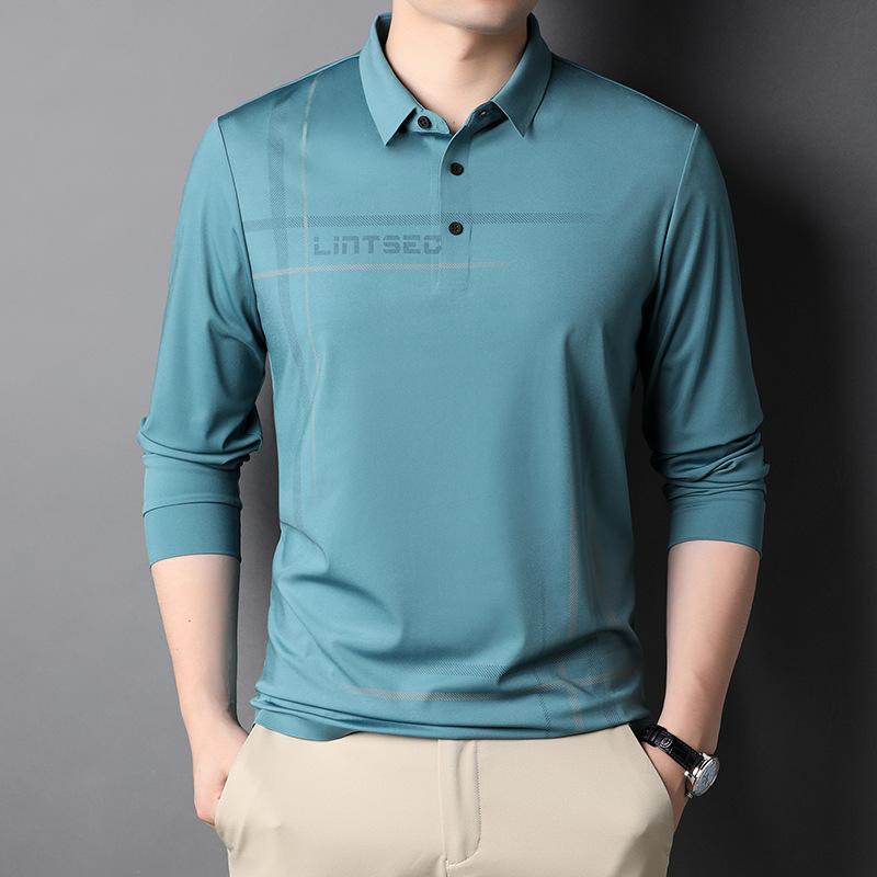 Herbst Neues Herren-T-Shirt Langarm Slim-Fit Koreanischer Stil Herren-T-Shirt mit Polokragen Streifen Langarm-Unterziehshirt Herren