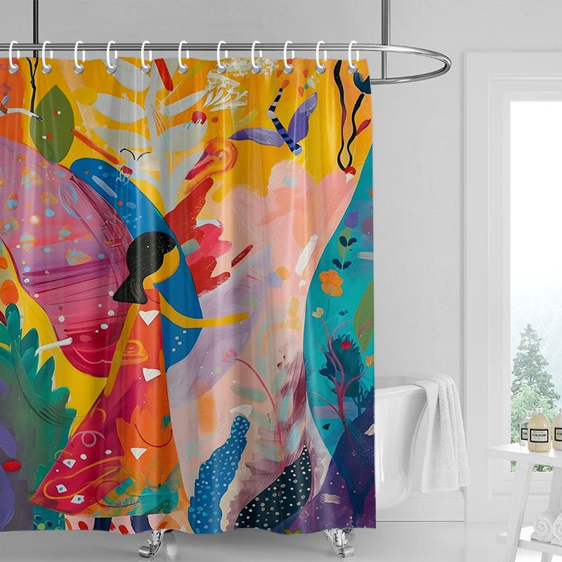 Bohemian Shower Curtain - Dancing Silhouette Art with Tropical Leaves Birds,Watercolor Bathroom Decor for Artistic Bath Spaces