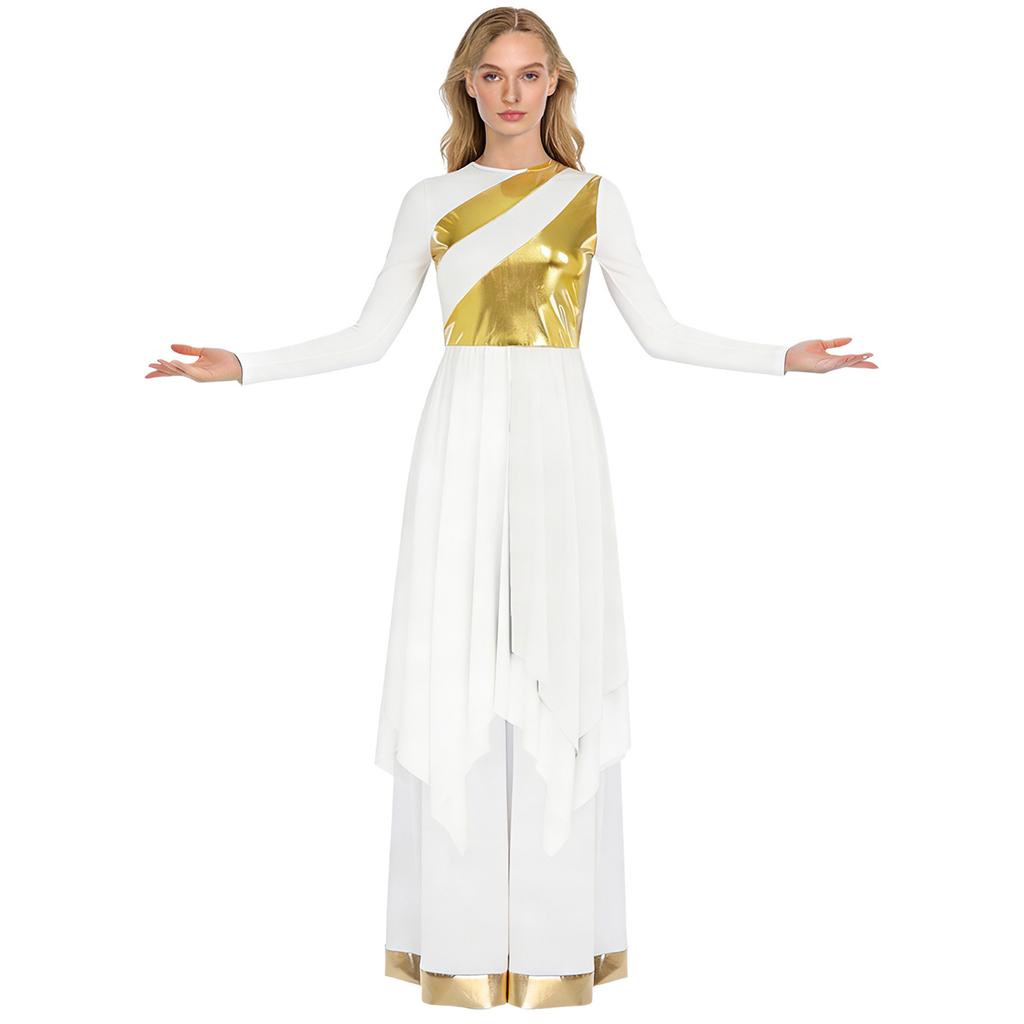 Dames Lyrische Dans Kostuum Set S-XXL: Jurk met Lange Mouwen, Metallic Contrastkleur, Onregelmatige Zoom & Wijde Broek voor Kerkdienst, Dans
