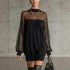 New Arrival Women's Mesh Patchwork Round Neck Sheer Long Sleeve Pullover Dress For European American
