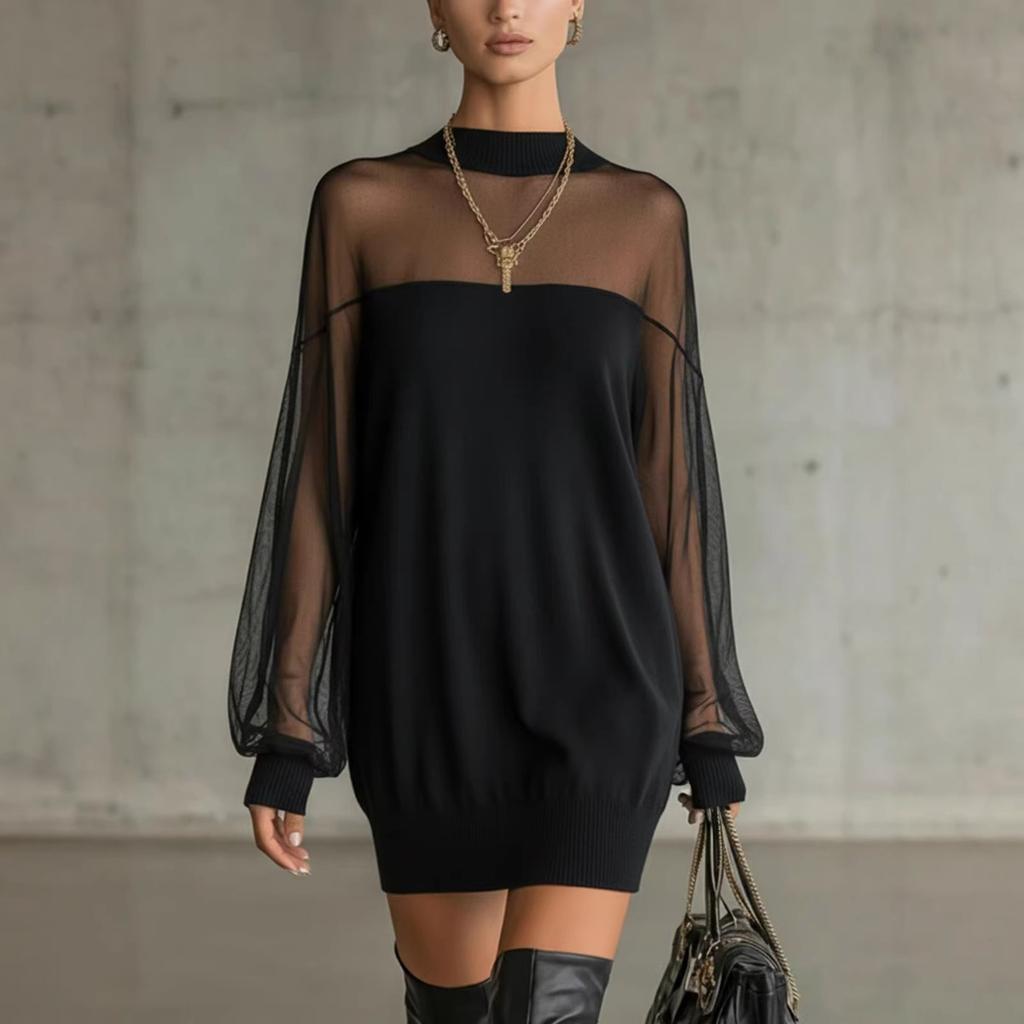 Novedad Vestido Jersey de Manga Larga Transparente con Patchwork de Malla Redonda para Mujer Estilo Europeo Americano
